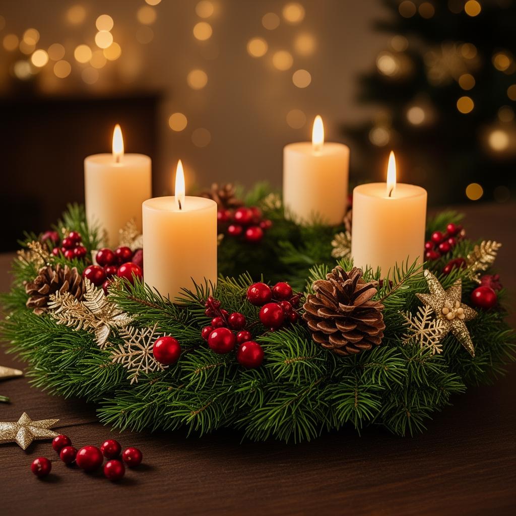 Adventní věnec se svíčkami a vánoční dekorací
